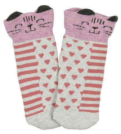 Chaussettes de Bébé Melton - 2 Pack - Gris Chiné/Rose av. Chats/ Chaussettes de Bébé Melton - 2 Pack - Gris Chiné/Rose av. Chats/