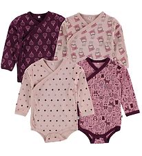 Pippi Baby Wrap Bodysuits - 4-Pack - Dark Purple/Pink w. Print Pippi Baby Wrap Bodysuits - 4-Pack - Dark Purple/Pink w. Print