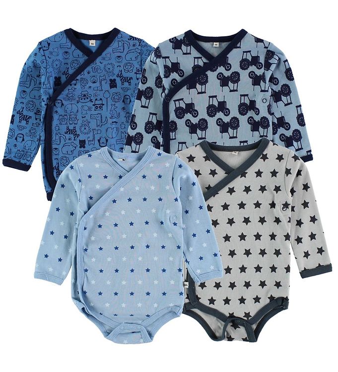 Pippi Baby Slå-om-Bodyer - 4-pak - Blå/Grå m. Print