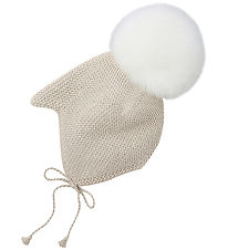 Huttelihut Babyhjelm - Uld - Off-white m. Pelskvast