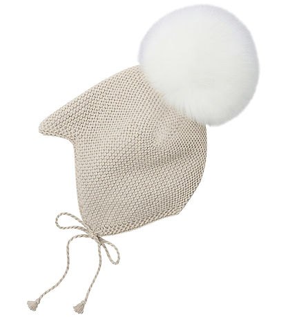 Huttelihut Babyhjelm - Uld - Off-white m. Pelskvast