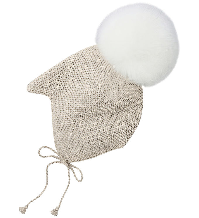 Huttelihut Babyhjelm - Uld - Off-white m. Pelskvast