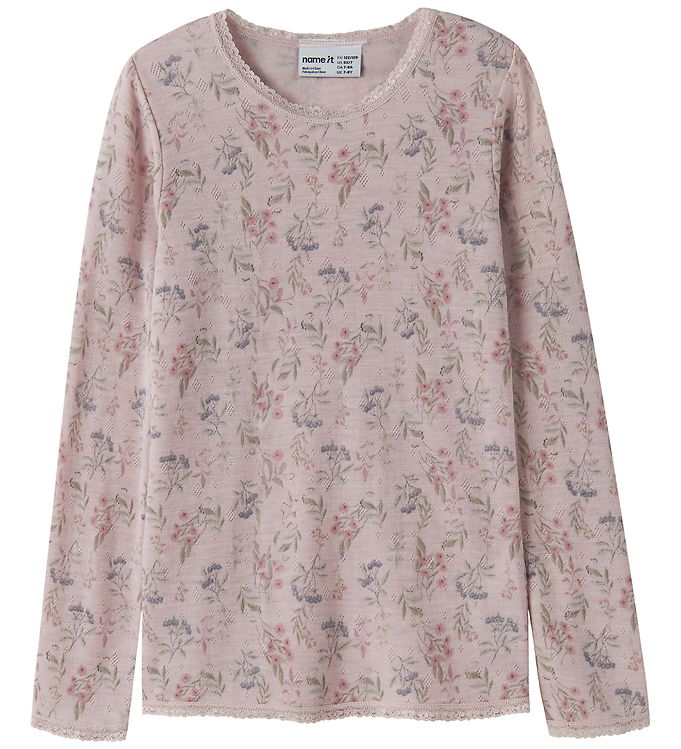 Name It Bluse - Uld - NkfWang - Violet Ice/Flowers + Leaves