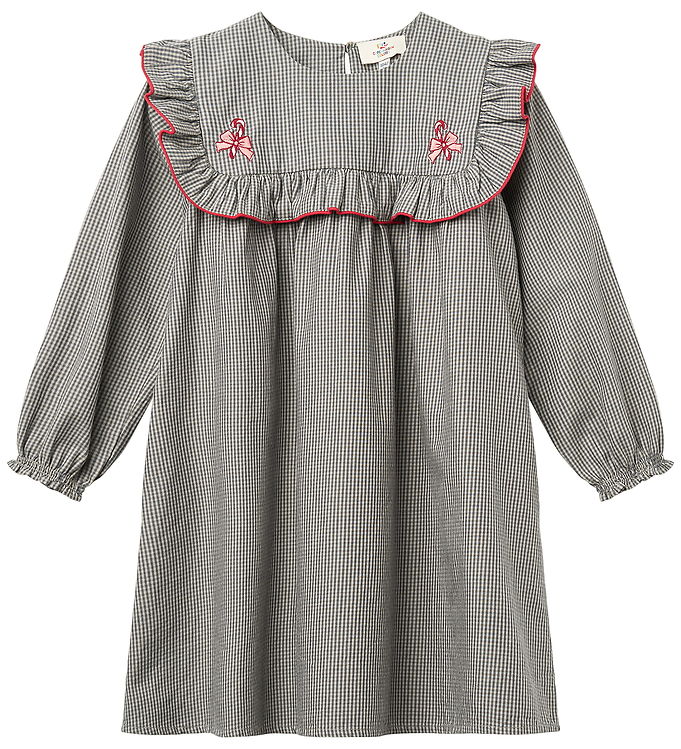 Langærmet kjole med broderi - GREY CHECK COMB - GREY CHECK COMB / 80