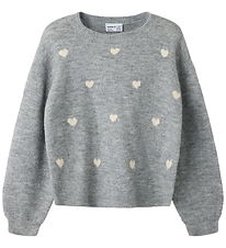 Name it Bluse - Strik - NKFOGUSSE - Grey Melange/Hearts in birch