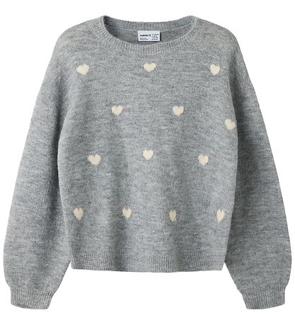 Name it Bluse - Strik - NKFOGUSSE - Grey Melange/Hearts in birch