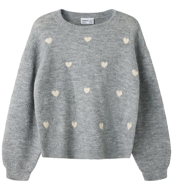 Name it Bluse - Strik - NKFOGUSSE - Grey Melange/Hearts in birch