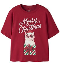 Name It T-shirt - NkfVosmas - Red Dahlia/Xmas Cat