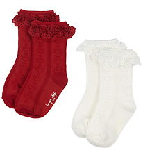 Konges Sløjd Strømper - 2-pak - Pointelle Frill - Red/Off White