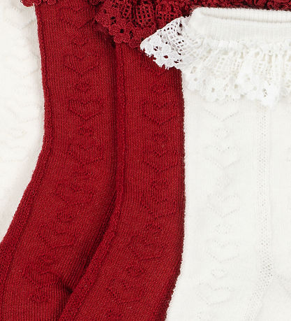 Konges Sløjd Strømper - 2-pak - Pointelle Frill - Red/Off White