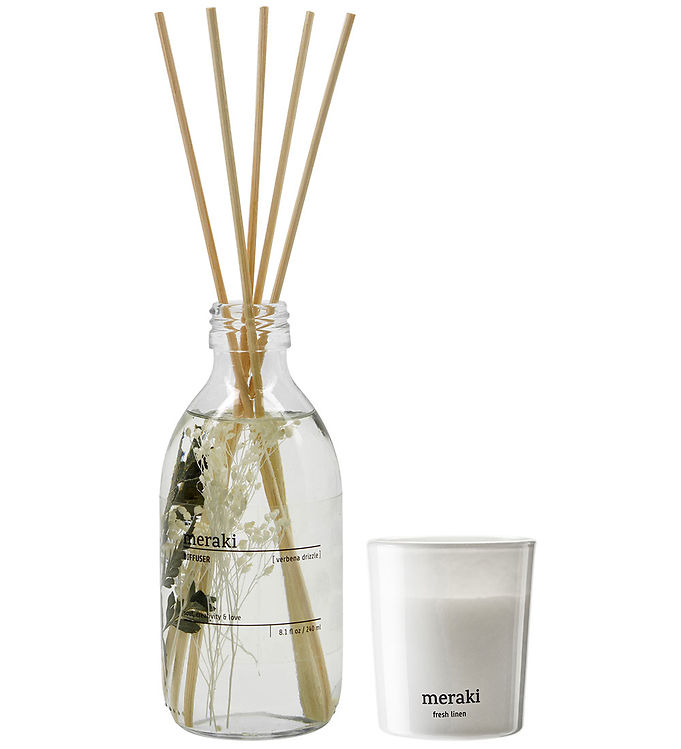 Meraki - Gaveæske, Verbena Drizzle Diffuser + Fresh Linen Scented Candle 60 G., 240|60 ml|g