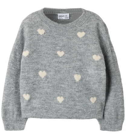 Name it Bluse - Strik - NmfOguesse - Grey Melange/Birch Hearts