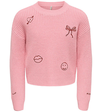 Kids Only Bluse - Strik - KogJusty - Pink Lady/Text/Jester Red