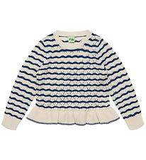 FUB Bluse - Strik - Hulmønster - Uld - Ecru/Deep Indigo
