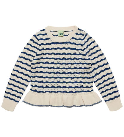 FUB Bluse - Strik - Hulmønster - Uld - Ecru/Deep Indigo