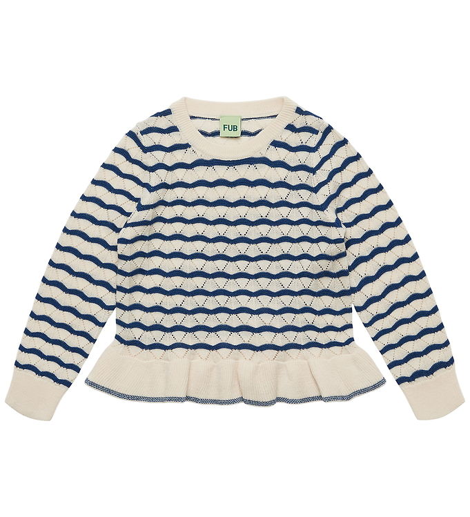 FUB Bluse - Strik - Hulmønster - Uld - Ecru/Deep Indigo