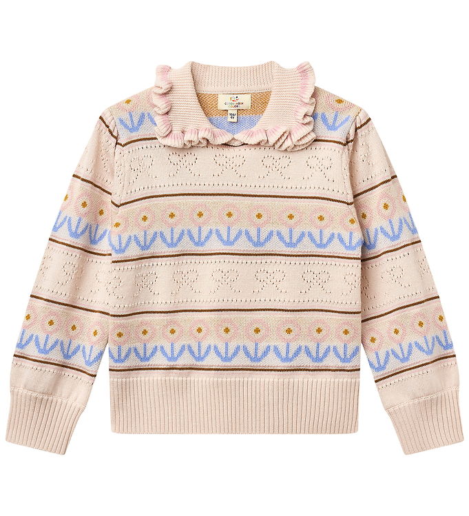 Strikket Bluse m. Krave og Pointelle- og Mønsterdetaljer - Beige Comb. - Beige Comb. / 98