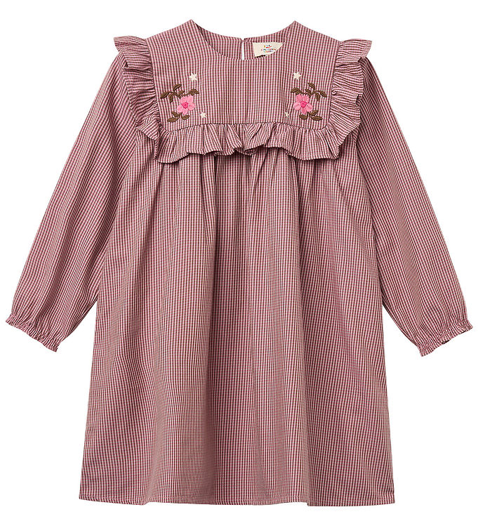 Langærmet kjole med broderi - WINTER ROSE CHECK COMB - WINTER ROSE CHECK COMB / 80