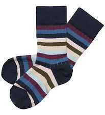 FUB Strømper - 2-pak - Uld - Dark Navy/Multi Stripe