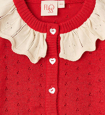 Flöss Cardigan - Strik/Hulmønster - Dora - Poppy Red Glitter