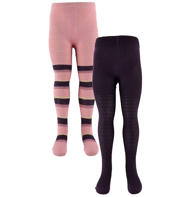 Minymo Strømpebukser - 2-pak - Lilla/Rosastribet m. Guld