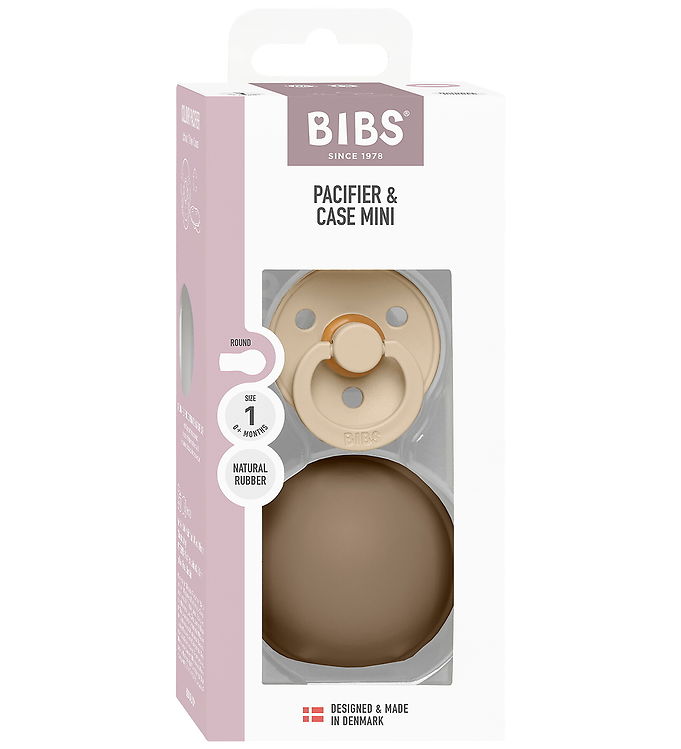 BIBS Rund Colour Sut - Str. 1 - Naturgummi - m. Pacifier Case Mini - Vanilla/Dark Oak