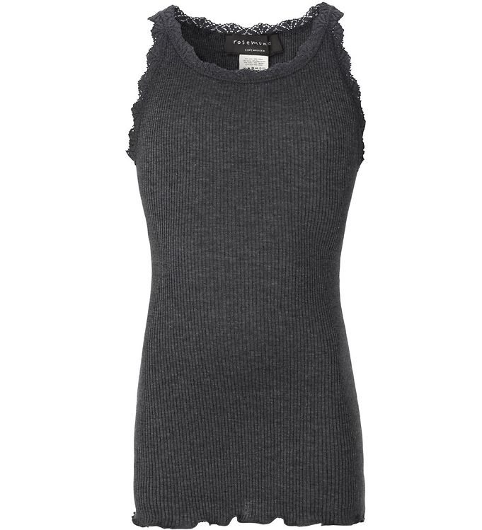 Rosemunde Top - Lang - Rib - Mørkegråmeleret m. Blonder
