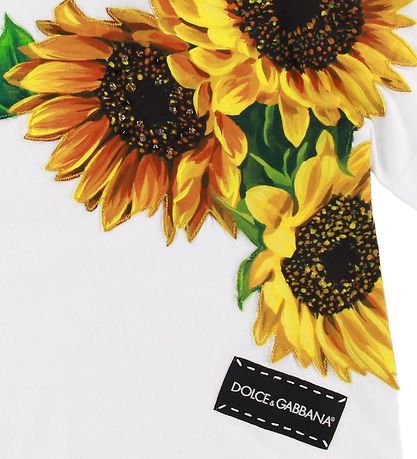 Dolce & Gabbana T-Shirt - Weiß m. Sonnenblumen/Kristalle Dolce & Gabbana T-Shirt - Weiß m. Sonnenblumen/Kristalle