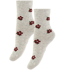 Fuzzies Strømper - 2-pak - Light Grey m. Blomster