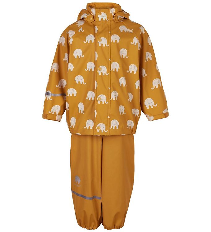CeLaVi Regntøj m. Seler - PU - Mineral Yellow m. Elefanter