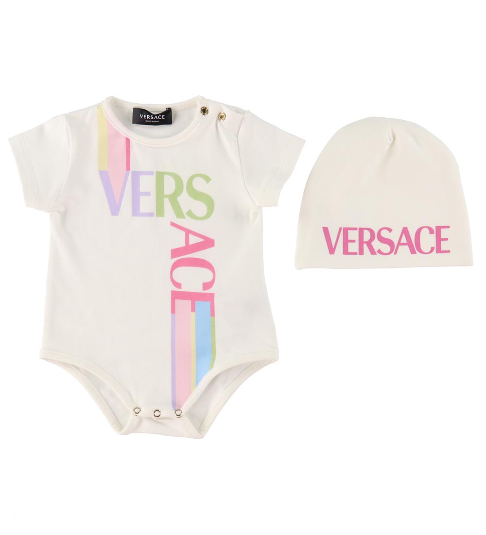 Versace Geschenkbox - Mütze/Body k/ä - Weiß/Pink m. Logo - Versace - 12-18 mt - Body K/Ä