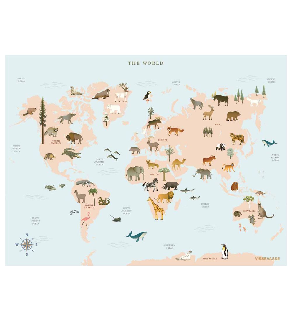 Vissevasse Poster - 50x70 - World Map Animal - Vissevasse - One Size - Poster