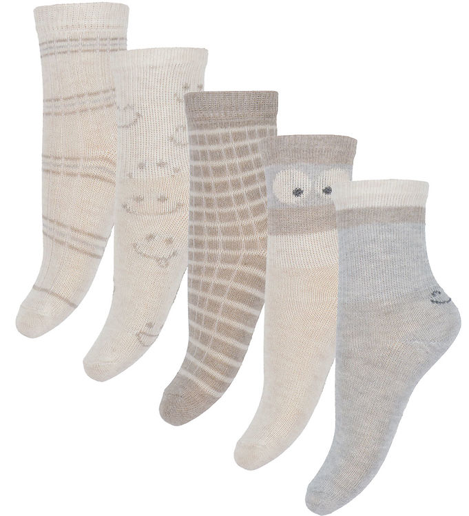 Minymo Strømper - 5-pak - Gråmeleret/Beige m. Print