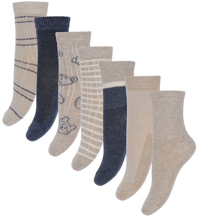 Minymo Strømper - 7-pak- Blue Nights/Beige m. Mønster