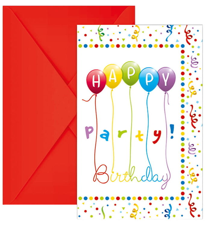 Decorata Party Invitationer - 6-pak - Happy Birthday Streamers