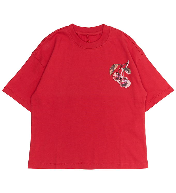 The New Oversized T-shirt Rød Med Kirsebærprint - Str. 7-8y 122/128cm