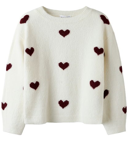 Name It Bluse - Strik - NkfOna - Cloud Dancer/Burgundy Hearts