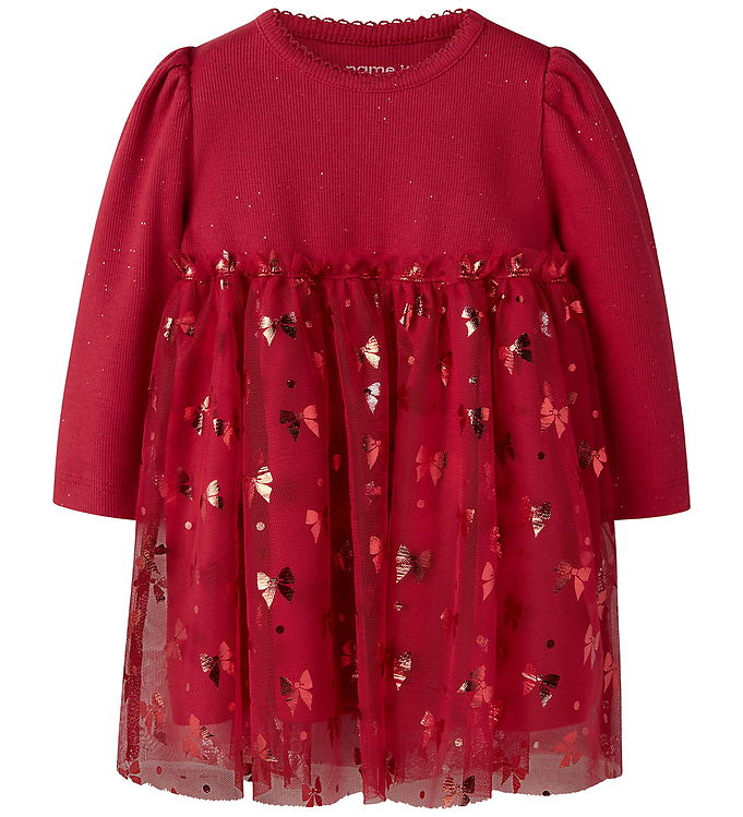 Name It Kjole - Rib/Tyl - NbfRosally - Jester Red m. Sløjfer