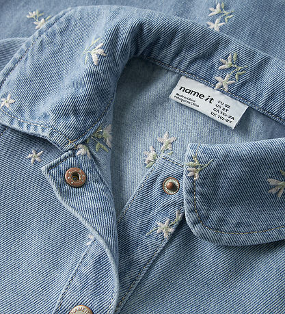 Name It Kjole - NmfPiper - Light Blue Denim/FLOWER EMB