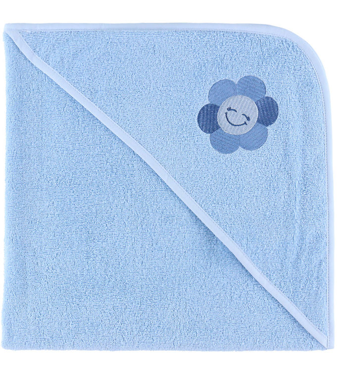 Nørgaard Madsens Babyhåndklæde – 75×75 cm – Lyseblå m. Glad blom