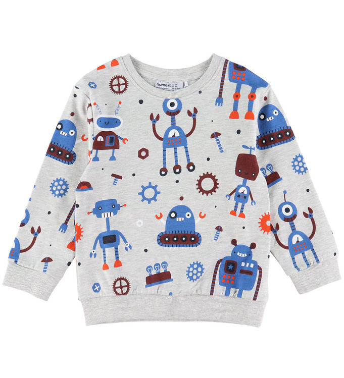 Name It Sweatshirt - NmmTino - Lysegråmeleret m. Robotter