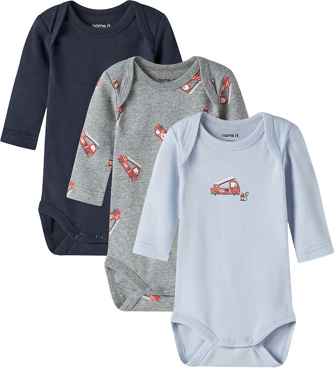 Name It NbmBody - Baby Body Langærmet - 3-pak - grå melange/hvid/beige