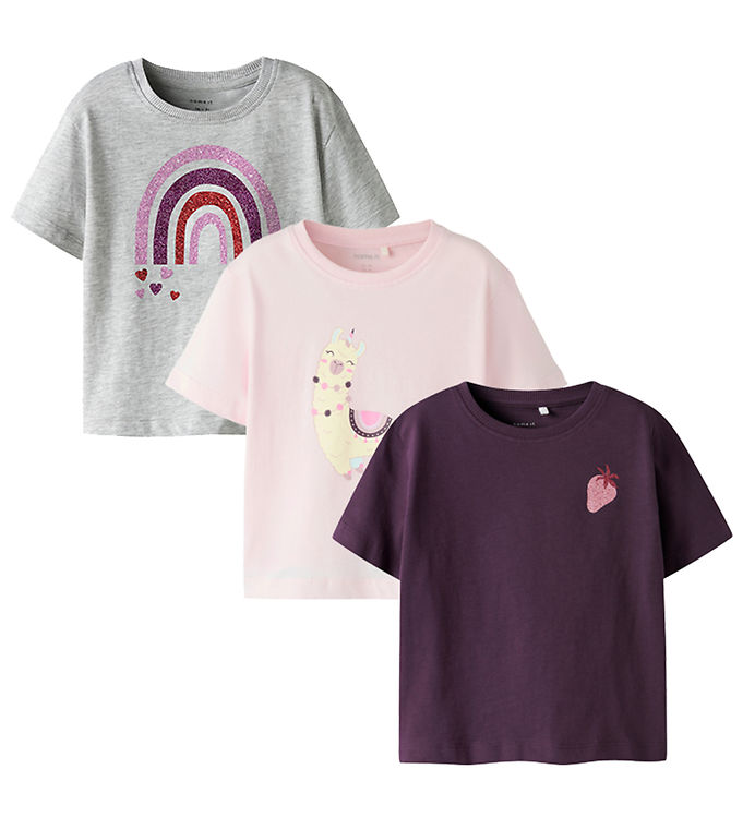 Name It T-shirts - NmfBalina - 3-pak - Blackberry Wine/Grey mela