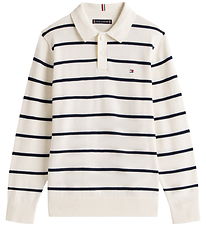 Tommy Hilfiger Polobluse - Strik - Ivory Silk StripeWhite