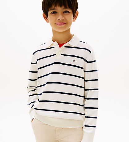 Tommy Hilfiger Polobluse - Strik - Ivory Silk StripeWhite