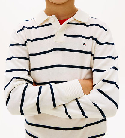 Tommy Hilfiger Polobluse - Strik - Ivory Silk StripeWhite