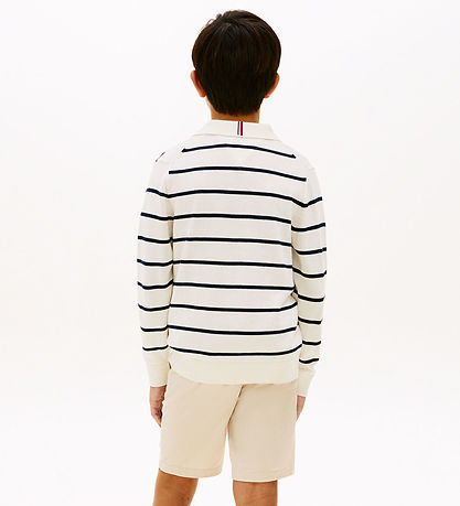 Tommy Hilfiger Polobluse - Strik - Ivory Silk StripeWhite