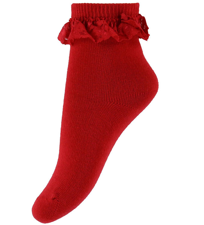 Minymo Ankelstrømper - Rød m. Blonde