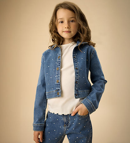 Creamie Denimjakke - Cropped - Rhinestones - Blue Denim