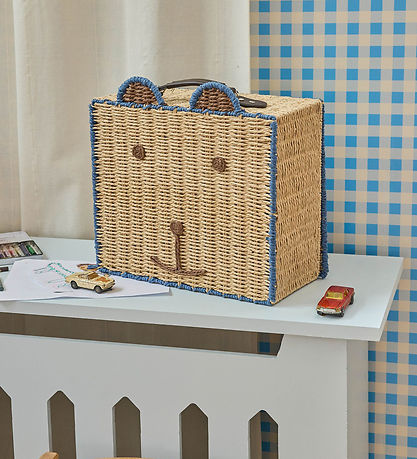 Rice Kuffert - 40x34 cm - Natur/Blå m. Bjørn